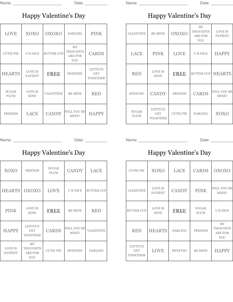 Happy Valentine's Day Bingo Cards
