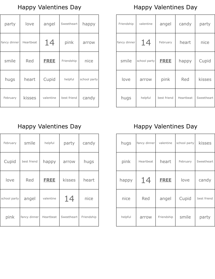 Happy Valentines Day Bingo Cards