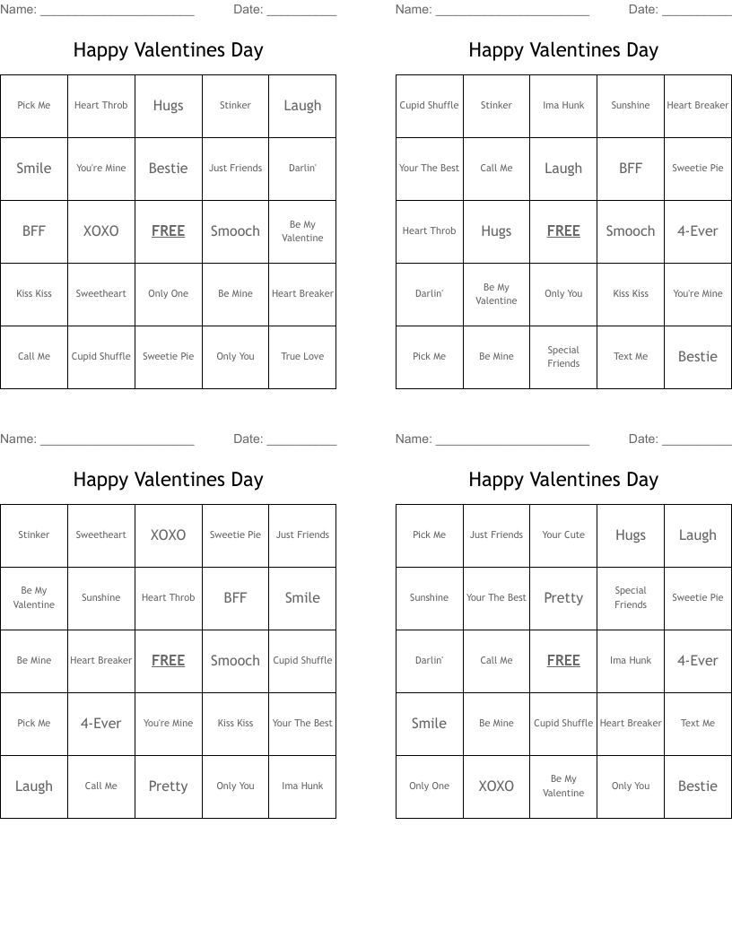 Happy Valentines Day Bingo Cards