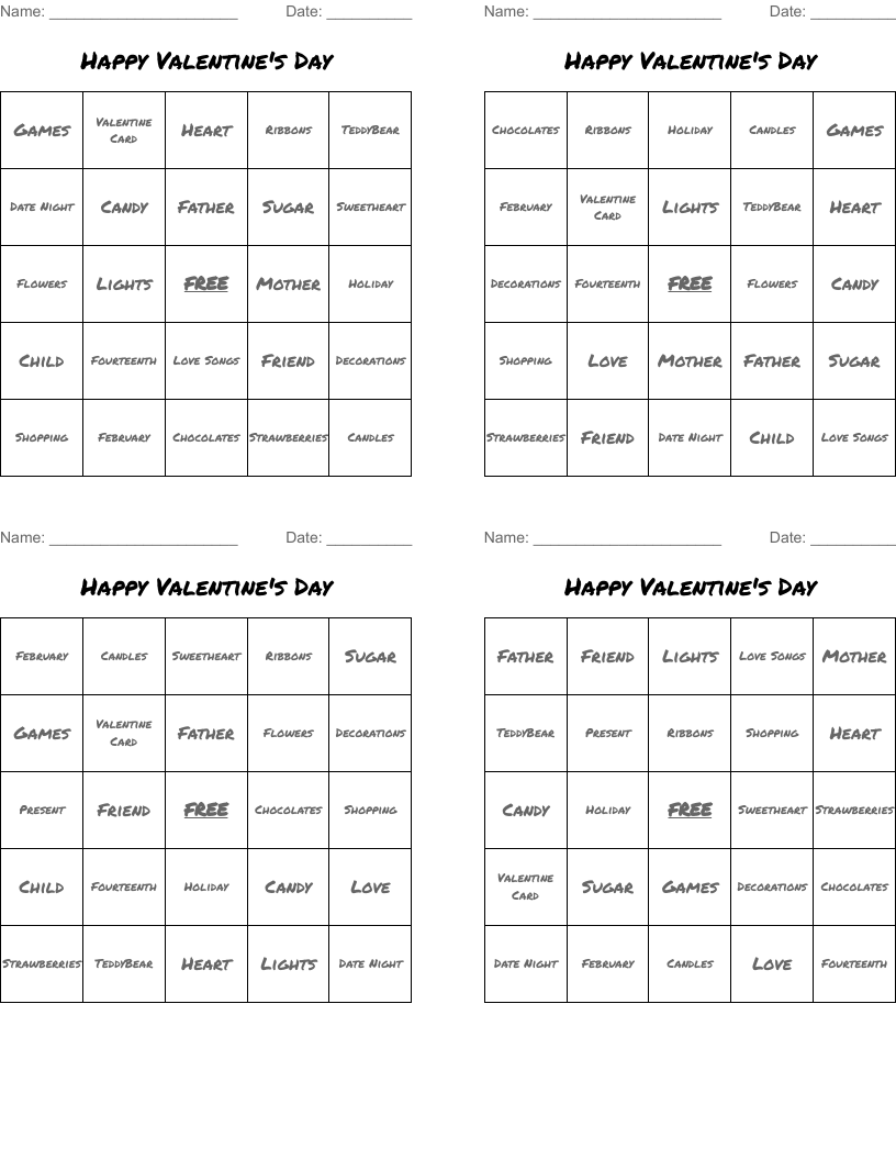 Happy Valentine's Day Bingo Cards