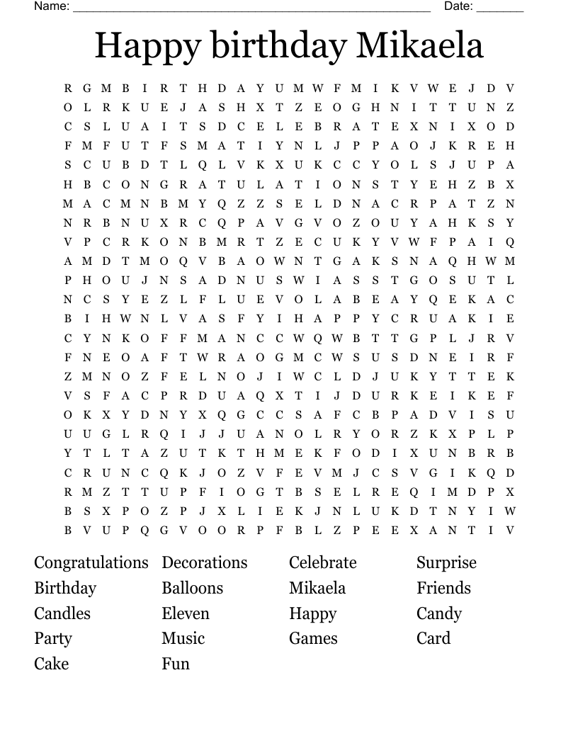 Happy birthday Mikaela Word Search