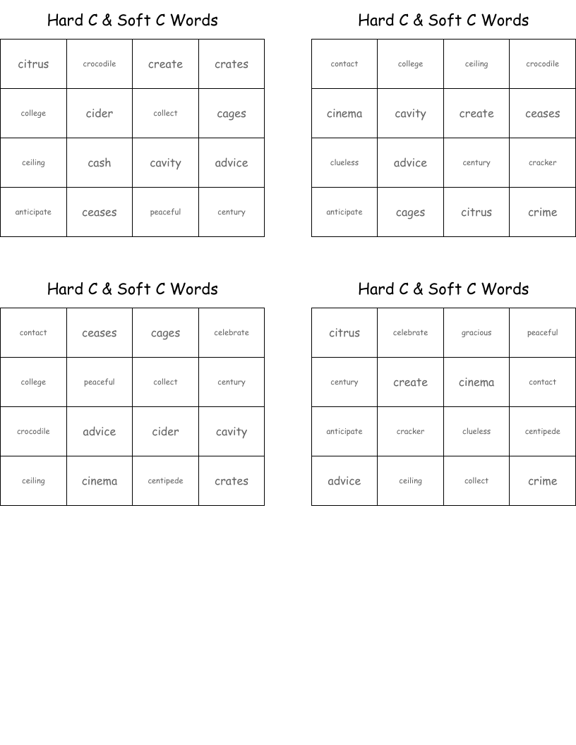 Hard C  & Soft C Words Bingo Cards