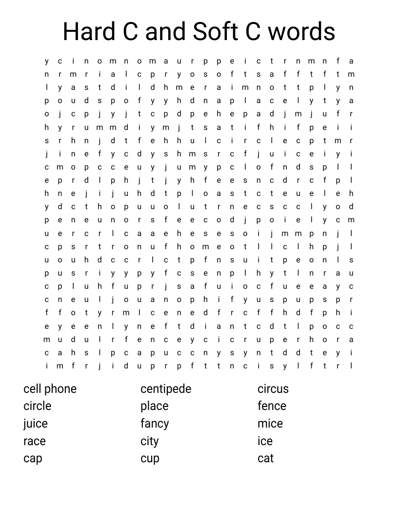 Hard C and Soft C words Word Search