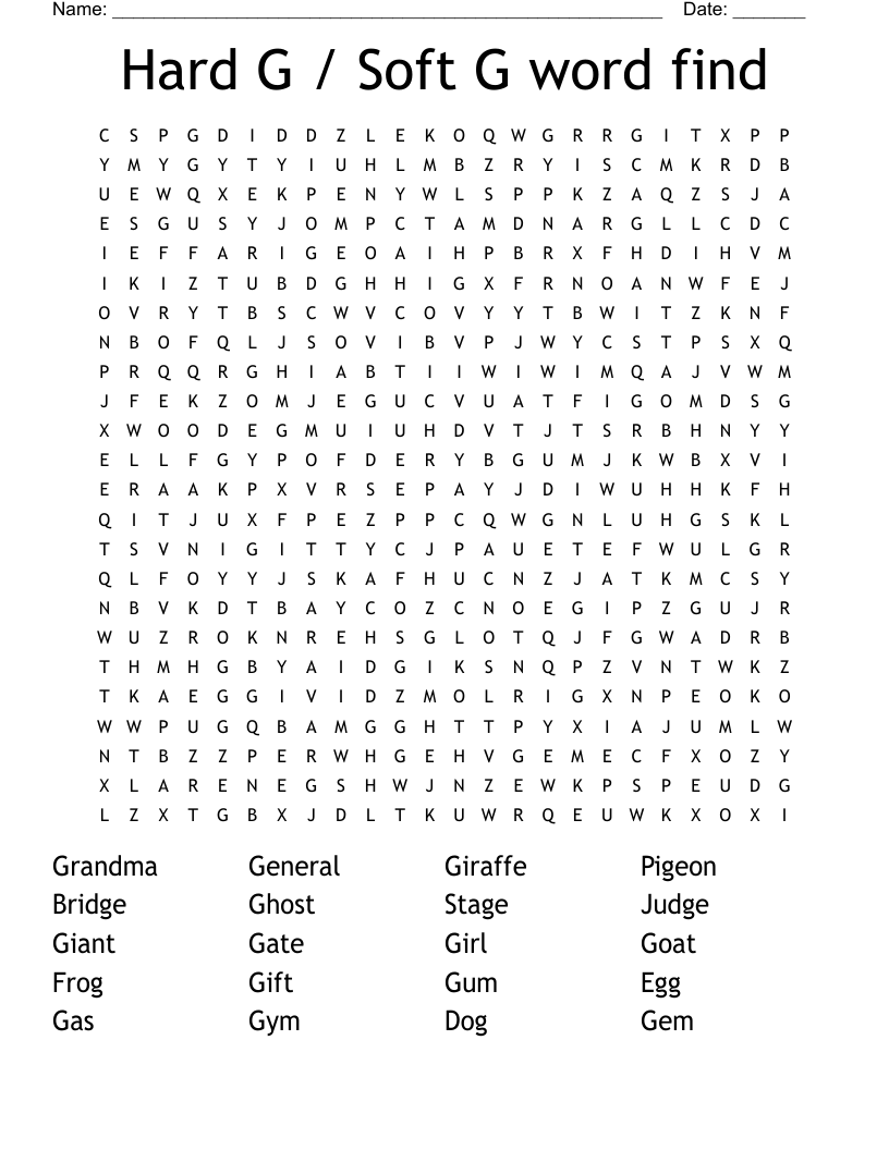 Hard G / Soft G word find Word Search