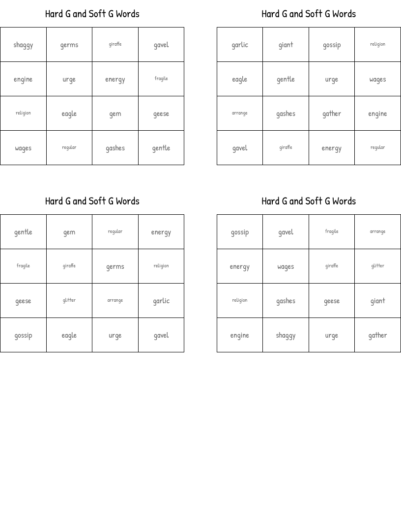 Hard G and Soft G Words Bingo Cards