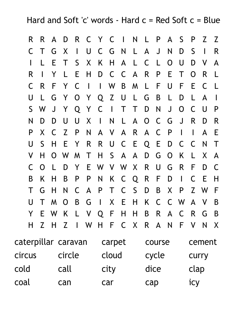Hard and Soft 'c' words - Hard c  = Red Soft c = Blue Word Search