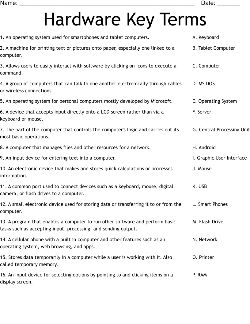 Hardware Key Terms Worksheet
