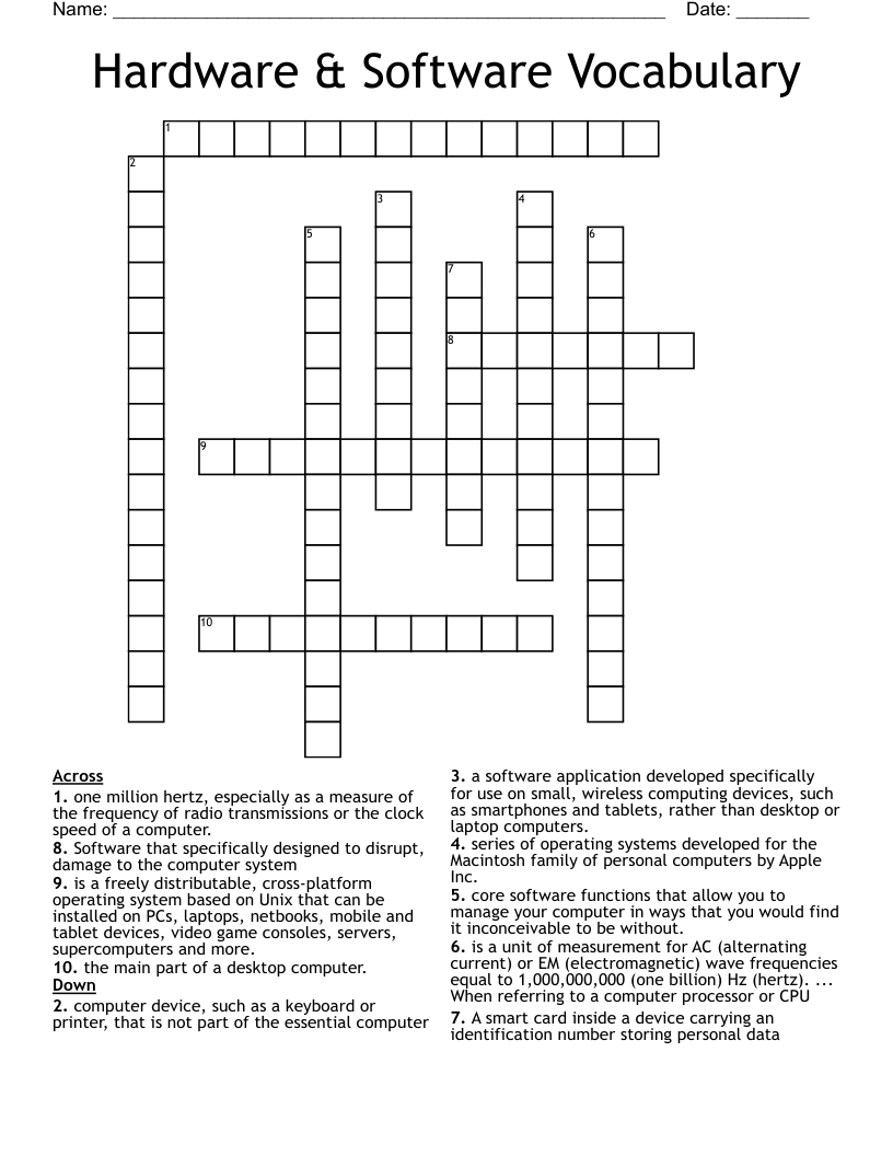 Hardware & Software Vocabulary Crossword