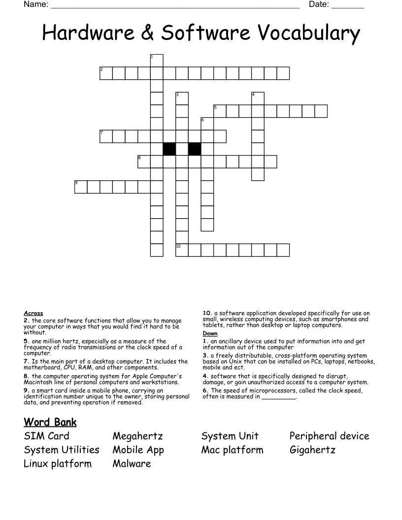 Hardware & Software Vocabulary Crossword