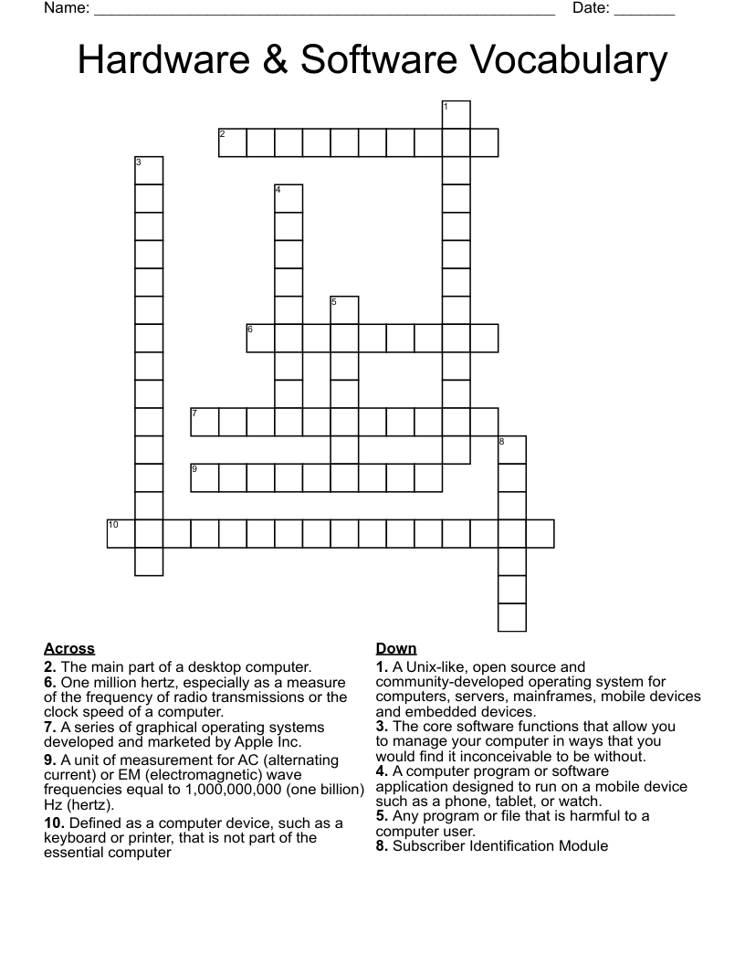Hardware & Software Vocabulary Crossword
