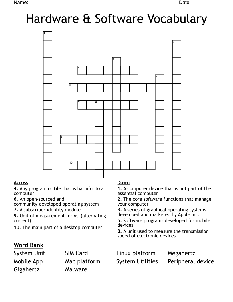 Hardware & Software Vocabulary  Crossword