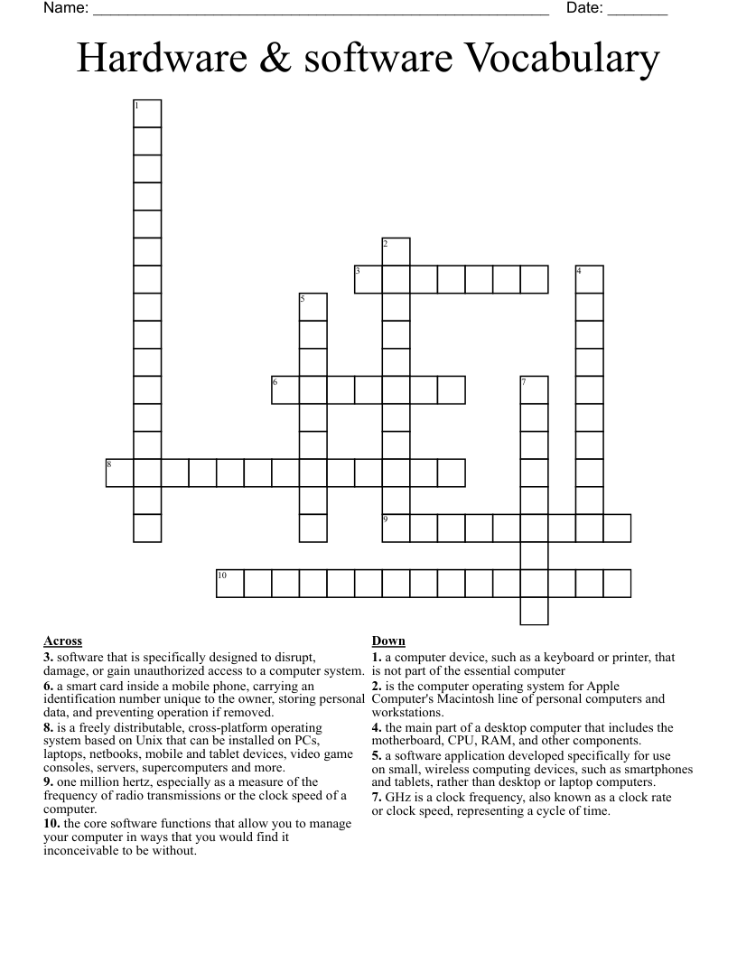 Hardware & software Vocabulary Crossword