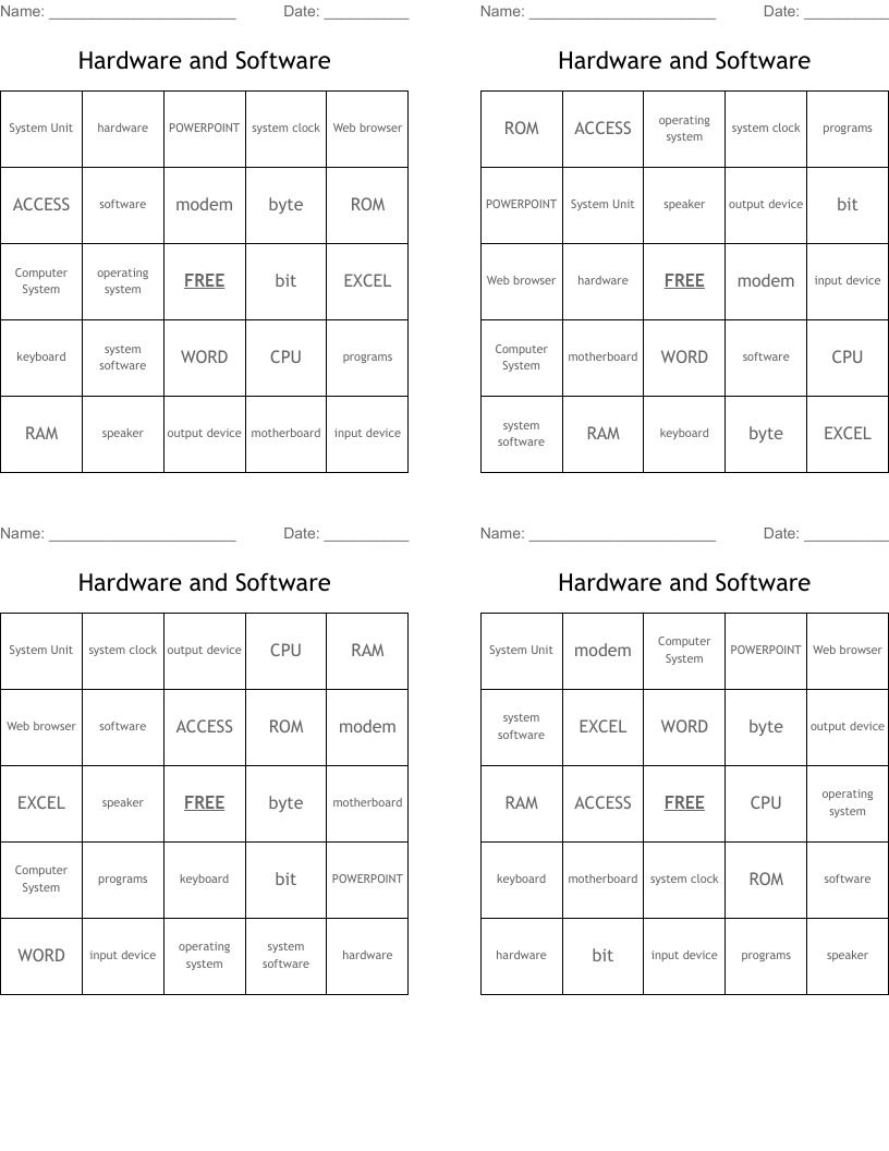 Hardware and Software Bingo Cards
