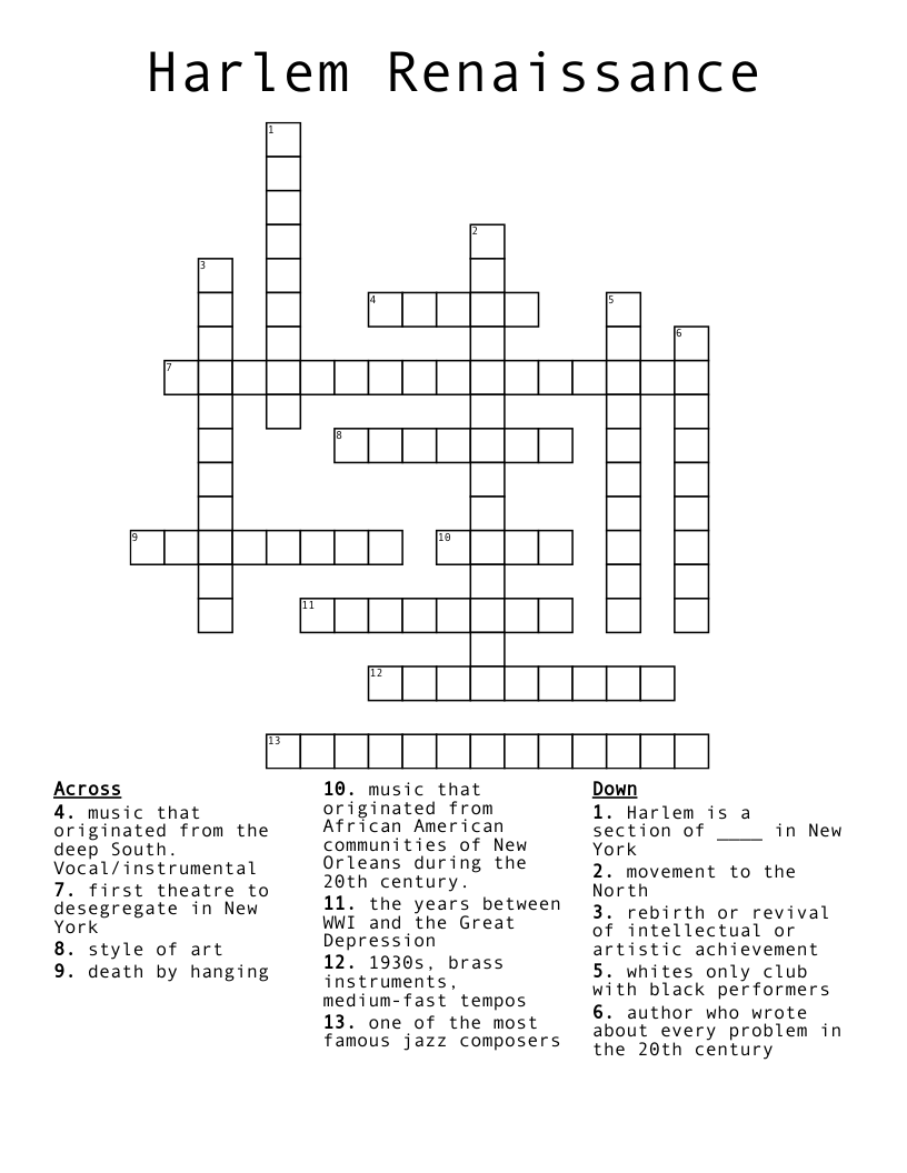 Harlem Renaissance Crossword