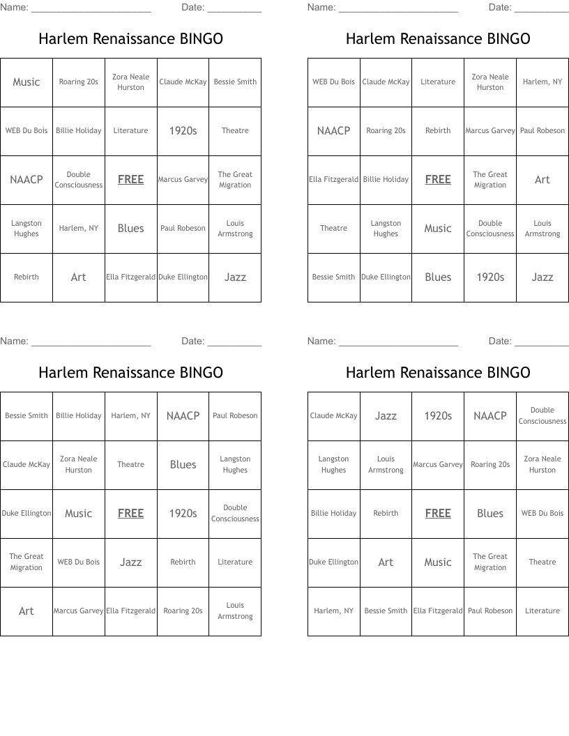 Harlem Renaissance BINGO