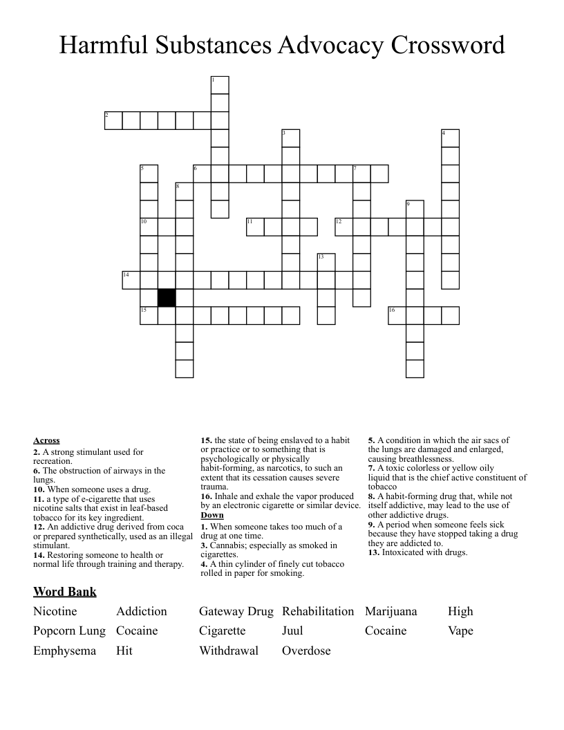 Harmful Substances Advocacy Crossword