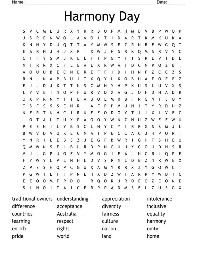 Harmony Day Word Search