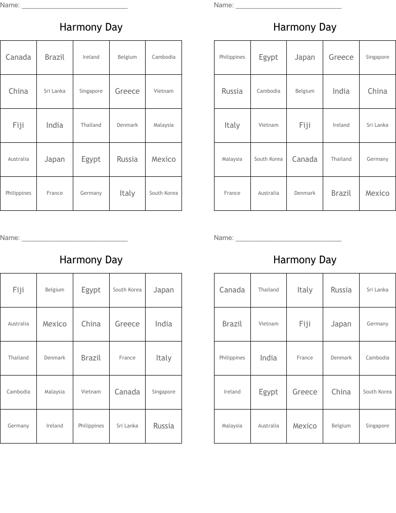 Harmony Day Bingo Cards
