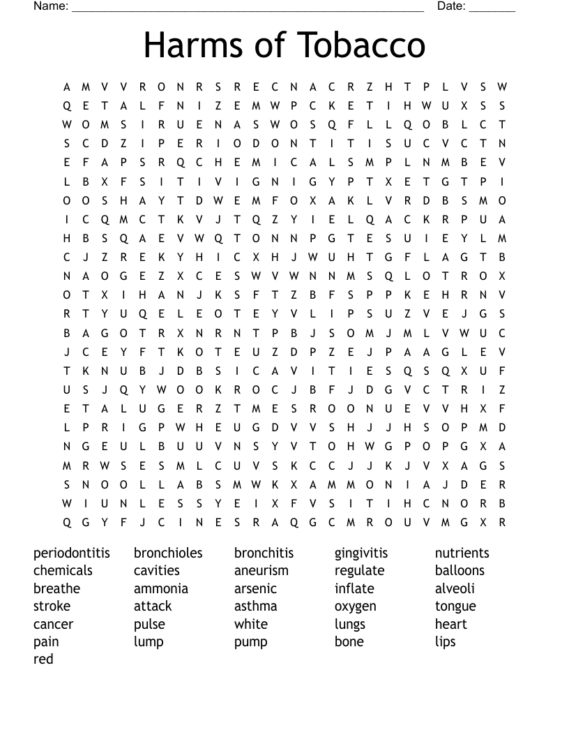 Harms of Tobacco Word Search