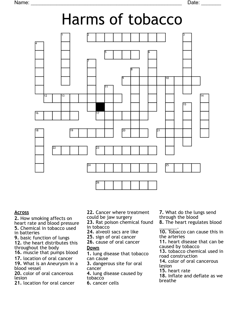 Harms of tobacco Crossword