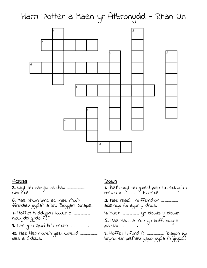 Harri Potter a Maen yr Atbronydd - Rhan Un Crossword