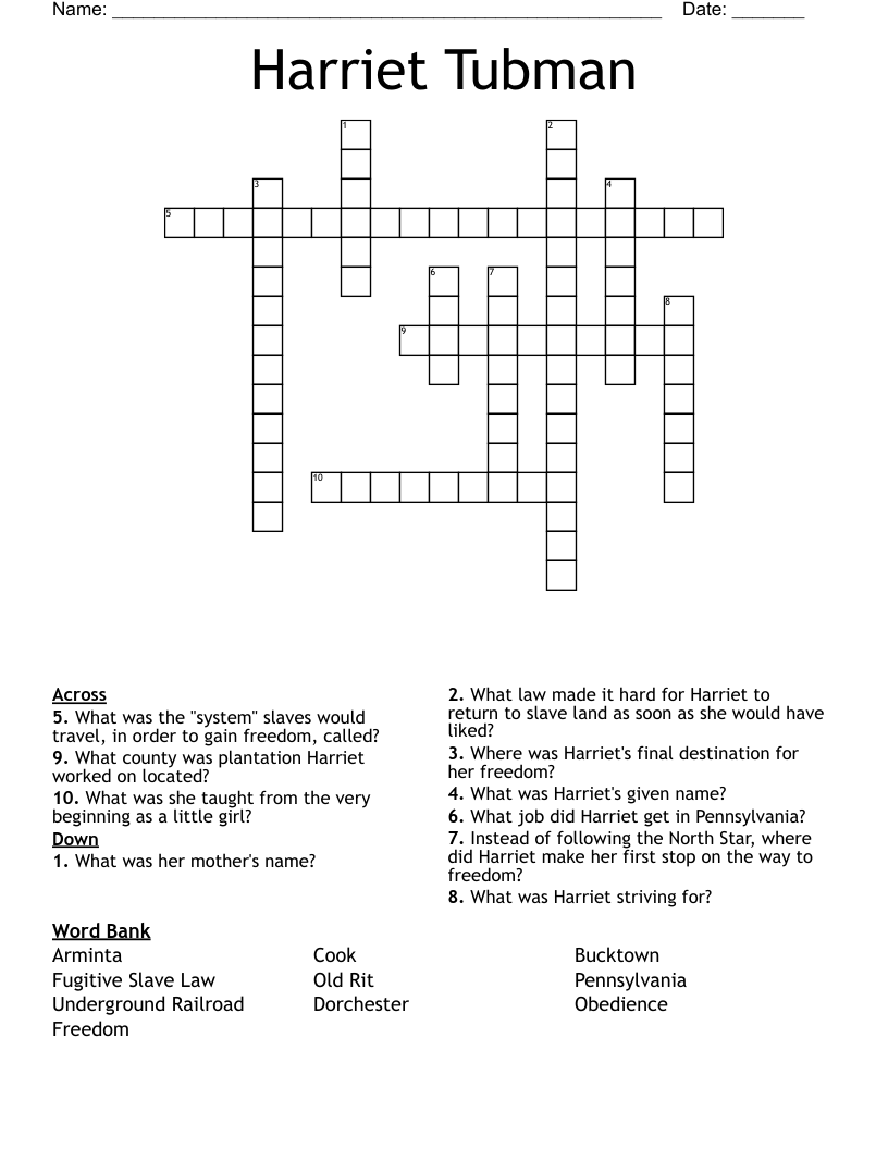 Harriet Tubman Crossword