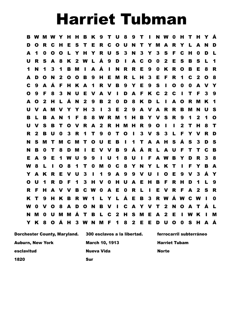 Harriet Tubman Word Search