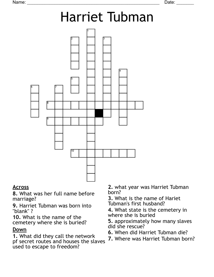 Harriet Tubman Crossword