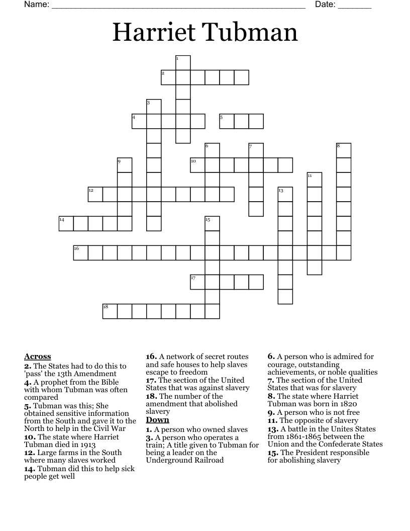 Harriet Tubman Crossword