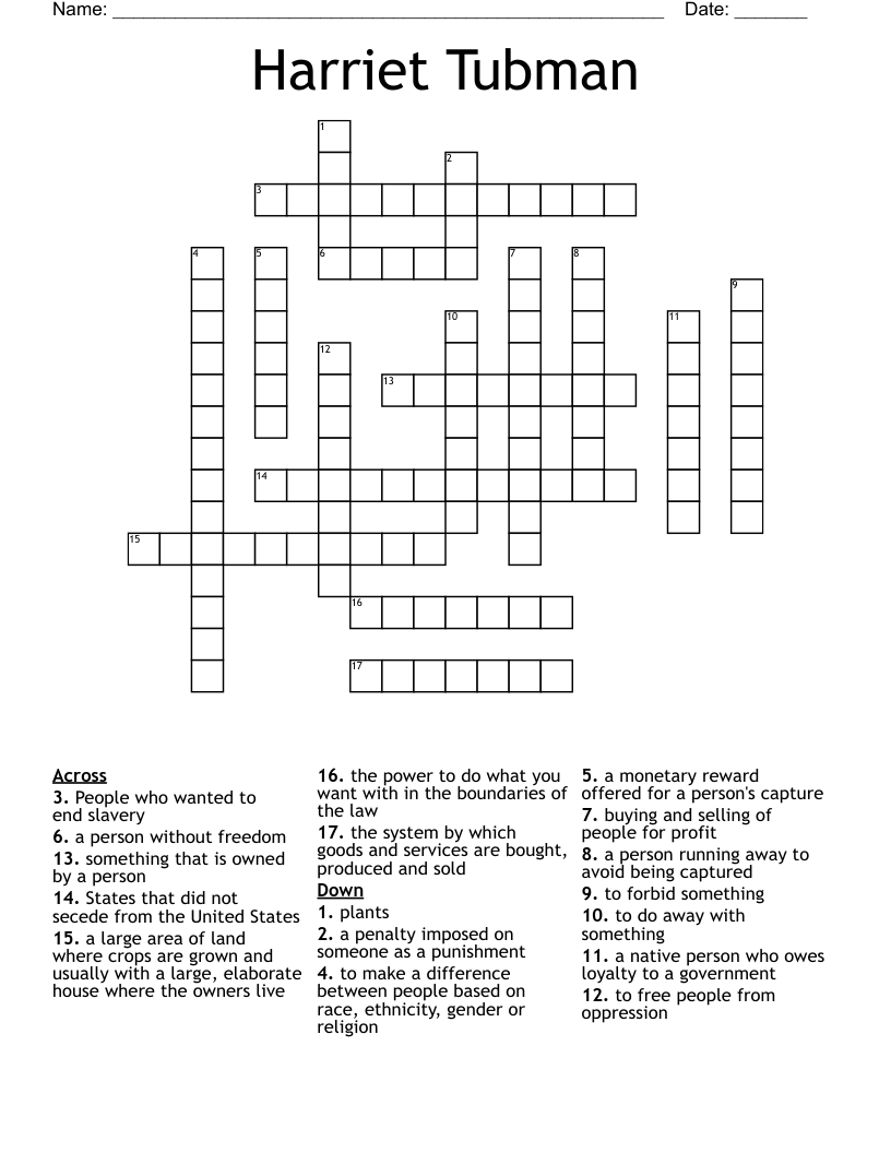 Harriet Tubman Crossword