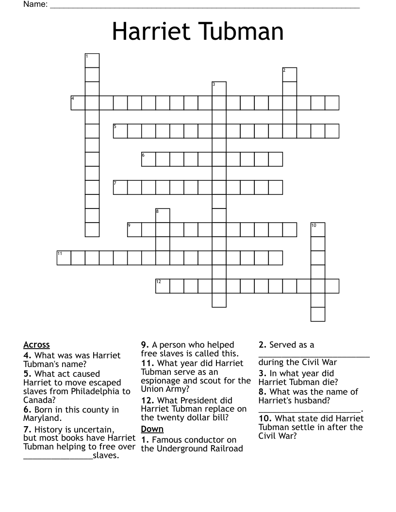 Harriet Tubman Crossword