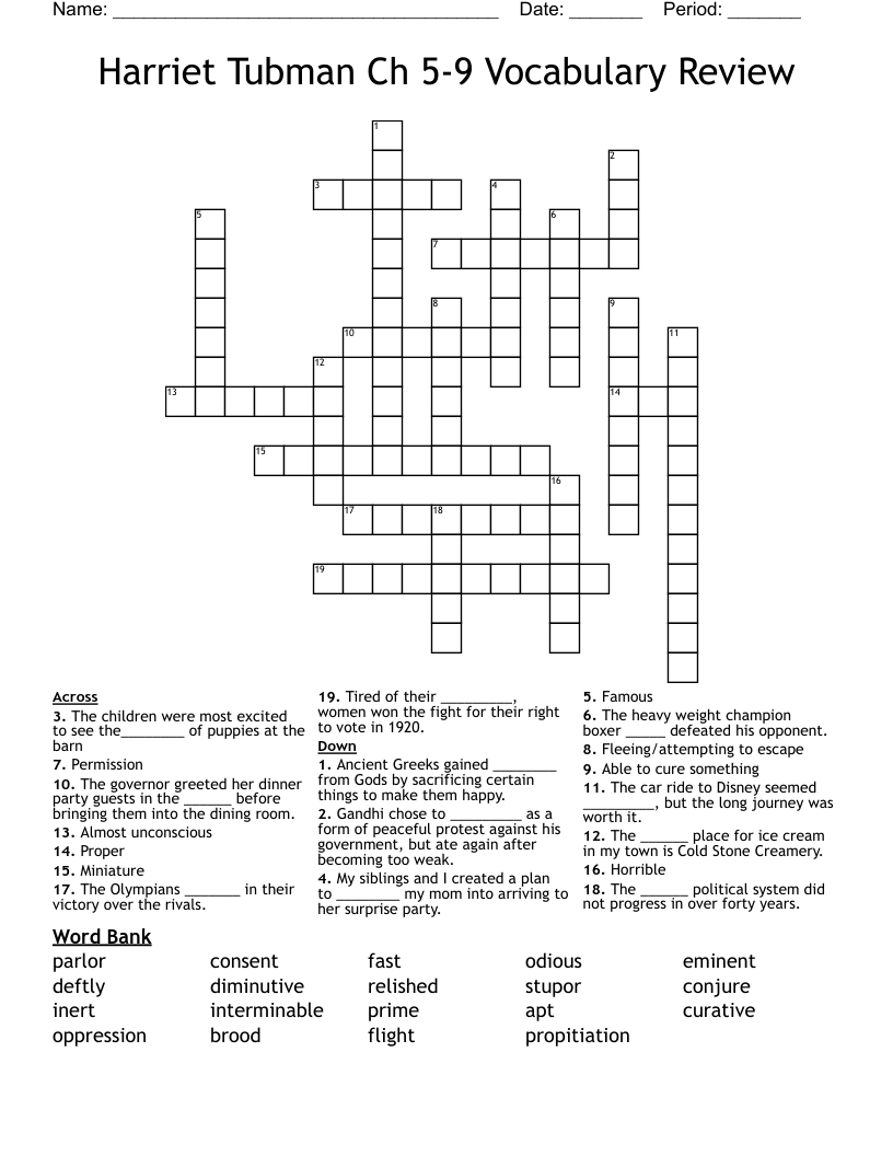 Harriet Tubman Ch 5-9 Vocabulary Review  Crossword