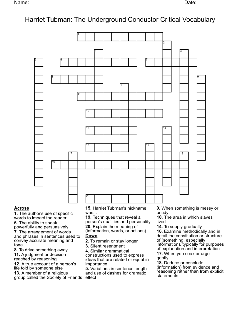 Harriet Tubman: The Underground Conductor Critical Vocabulary Crossword