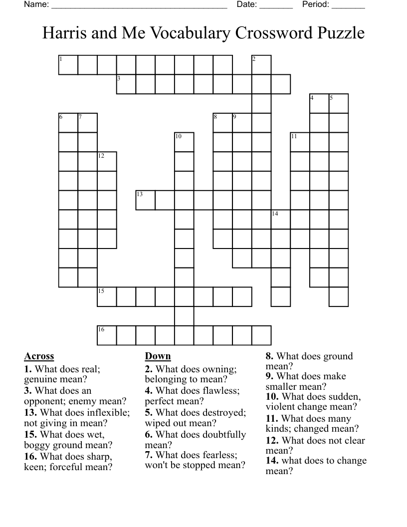 Harris and Me Vocabulary Crossword Puzzle