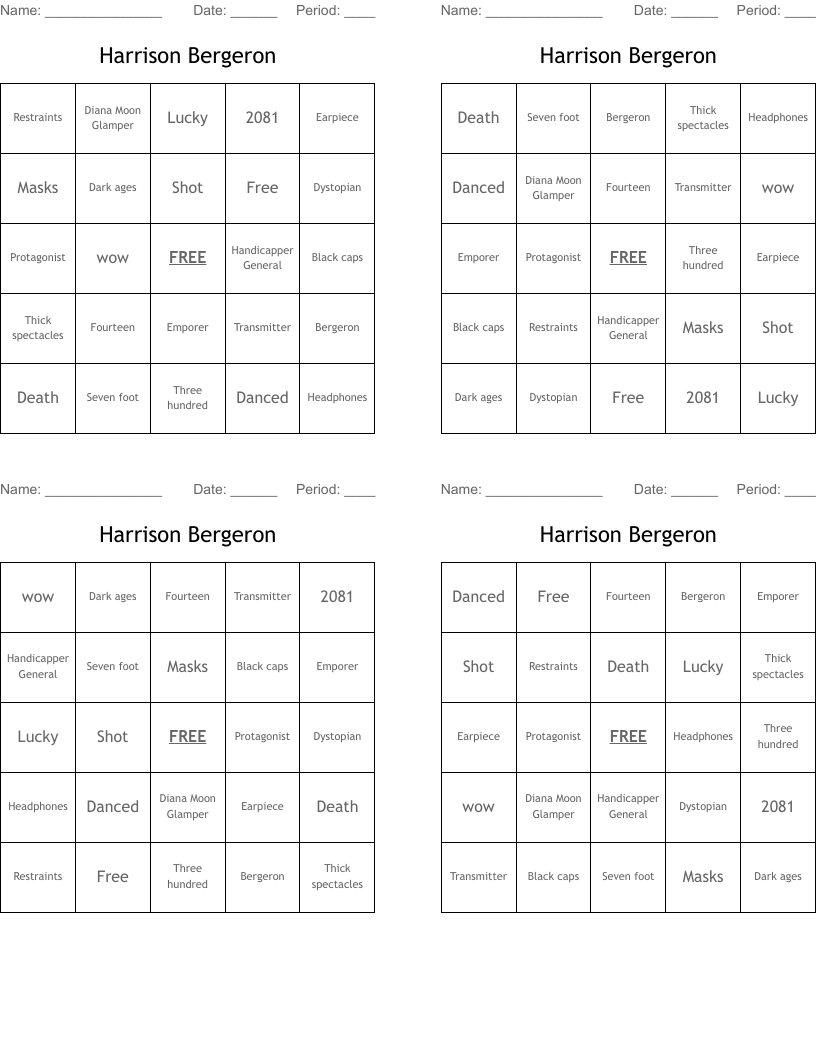 Harrison Bergeron Bingo Cards