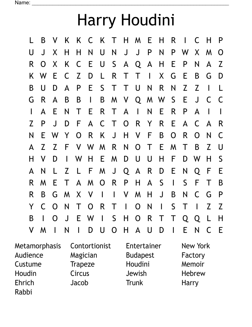 Harry Houdini Word Search