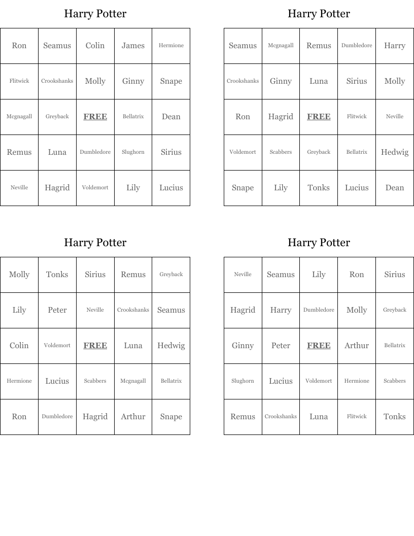 Harry Potter Bingo Cards