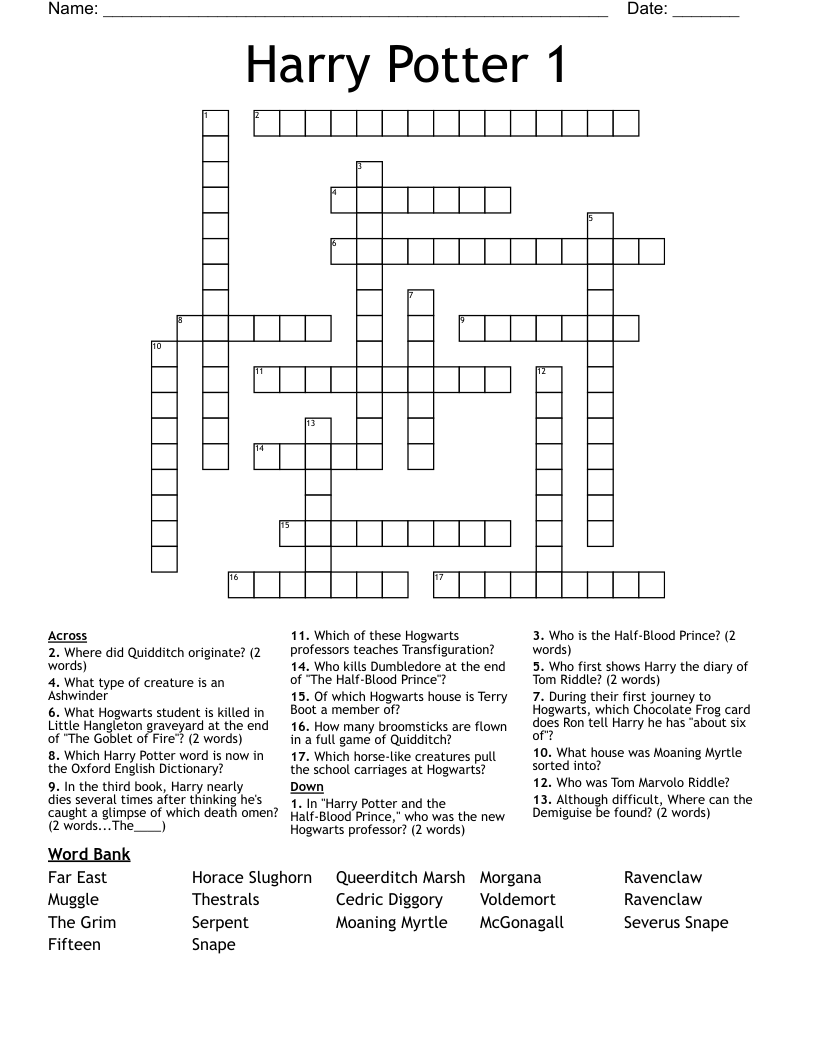 Harry Potter 1 Crossword