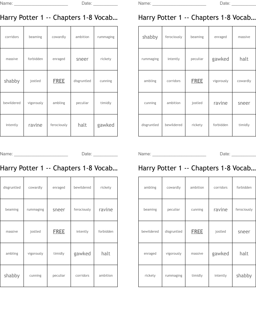 Harry Potter 1 -- Chapters 1-8 Vocabulary Bingo Cards