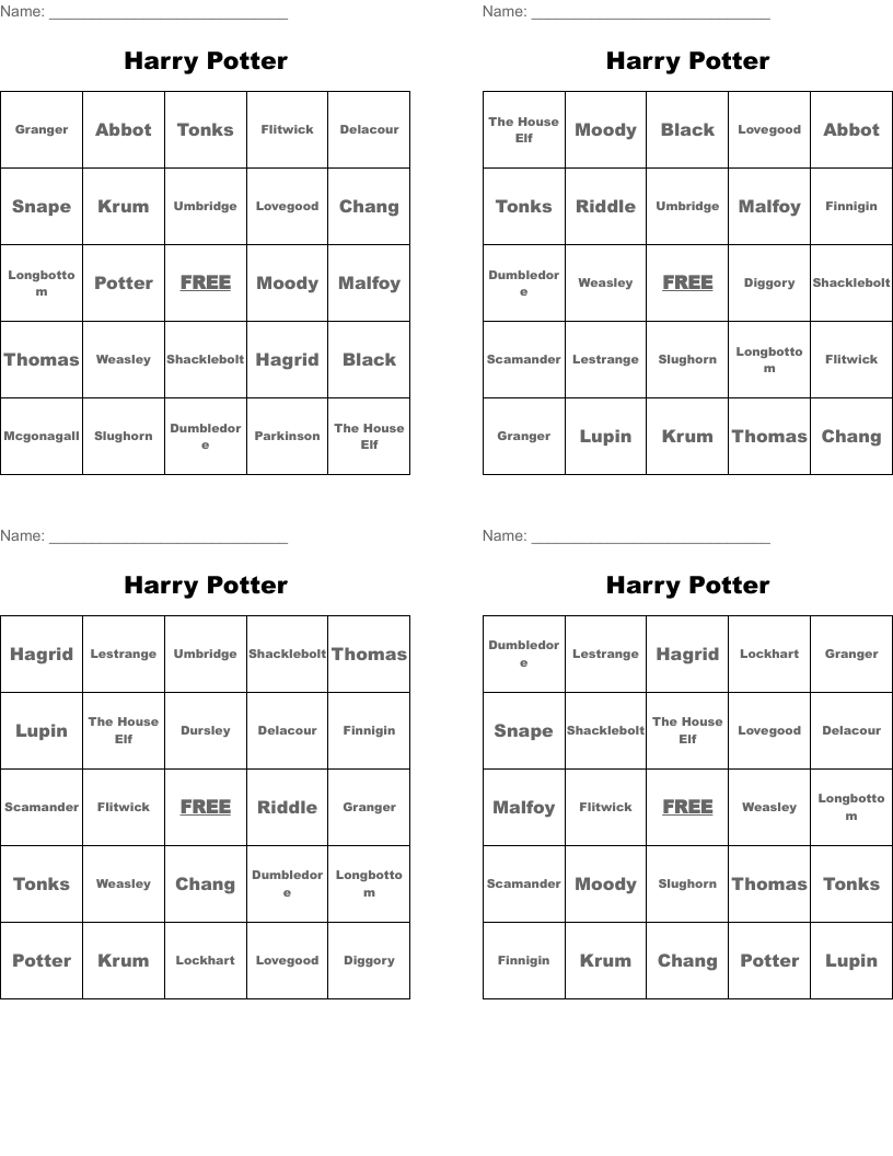 Harry Potter Bingo Cards