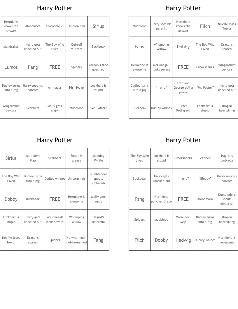 Harry Potter Bingo Cards