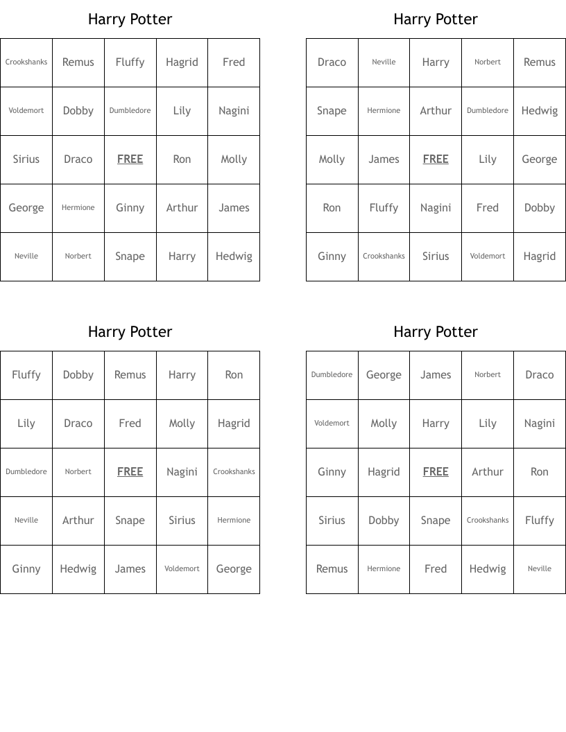 Harry Potter Bingo Cards