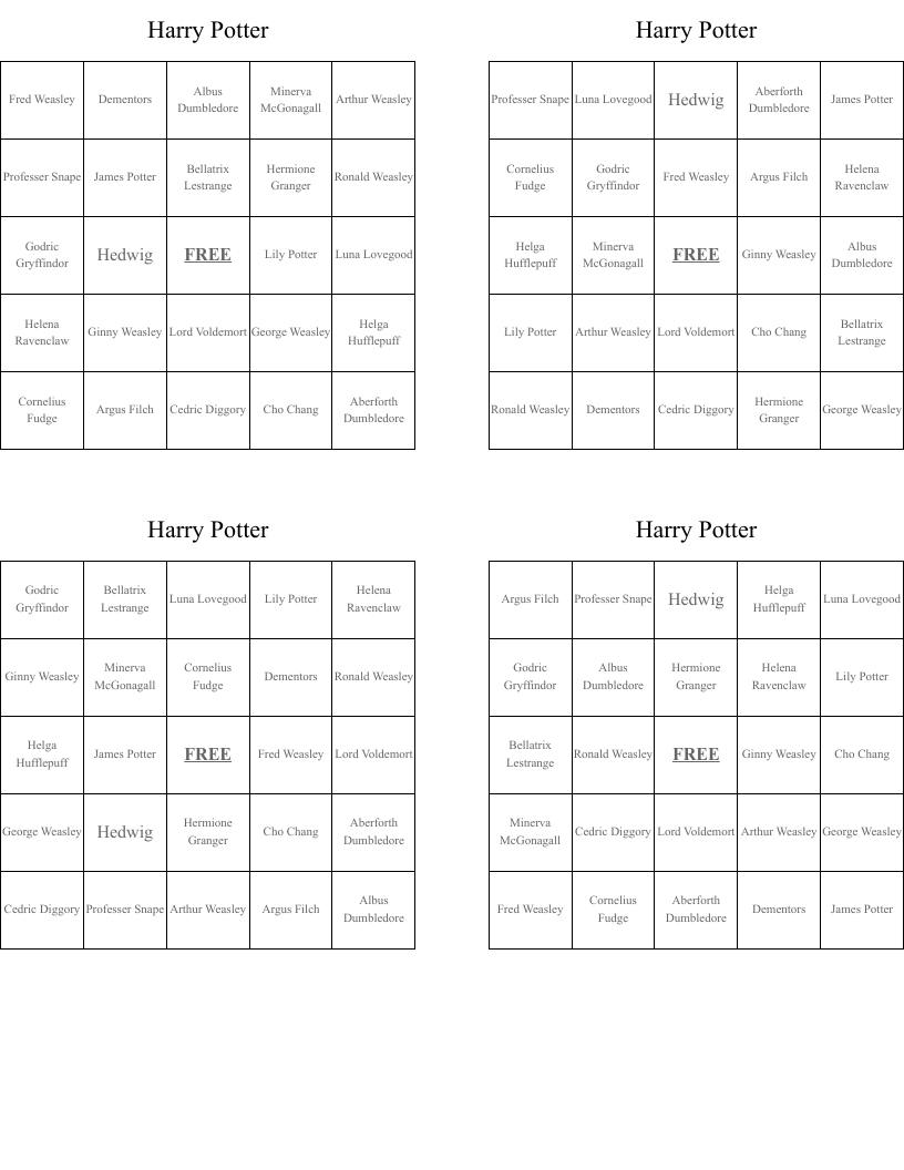 Harry Potter Bingo Cards