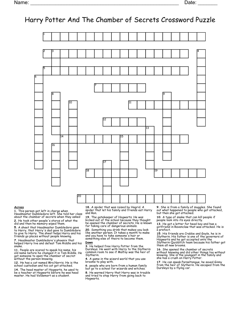 Harry Potter And The Chamber of Secrets Crossword Puzzle
