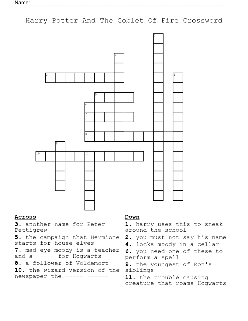 Harry Potter And The Goblet Of Fire Crossword