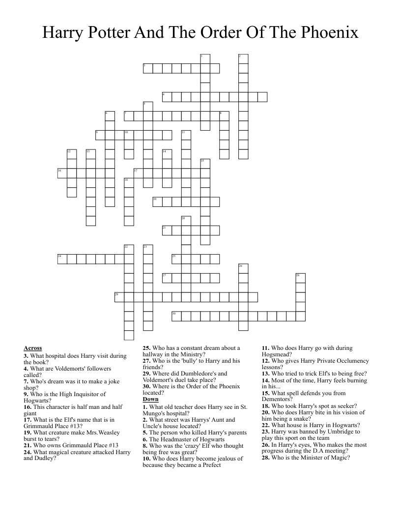 Harry Potter And The Order Of The Phoenix Crossword