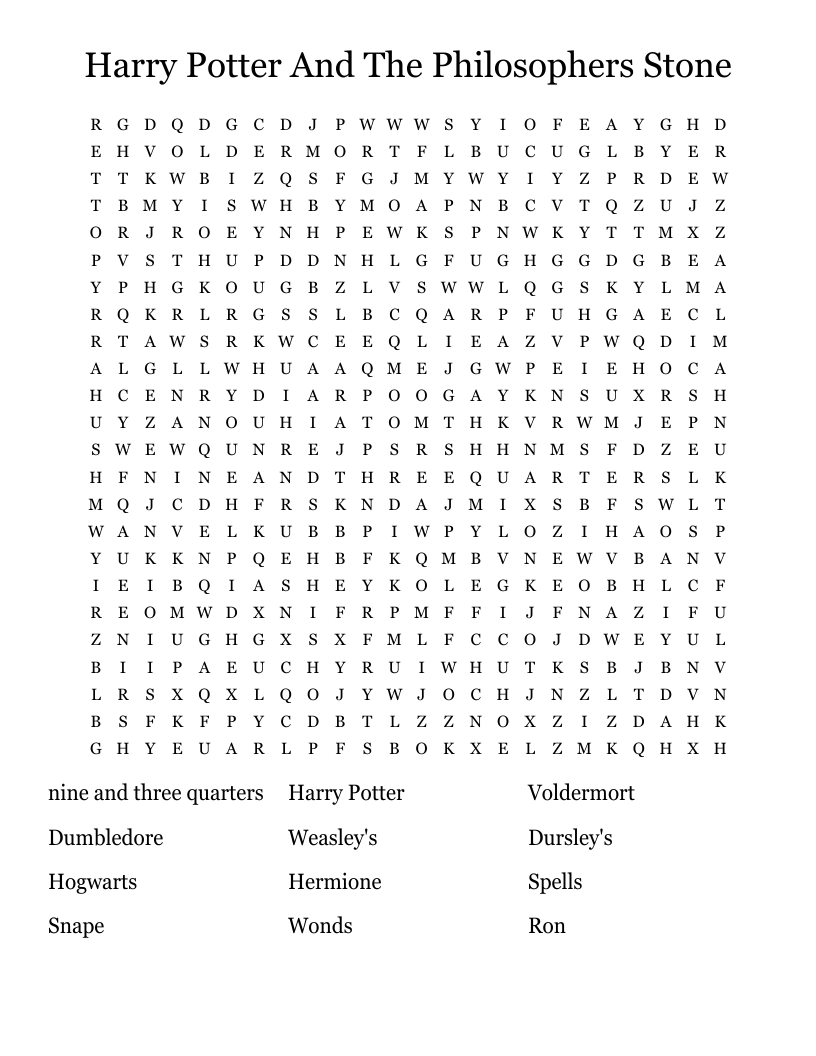 Harry Potter And The Philosophers Stone Word Search
