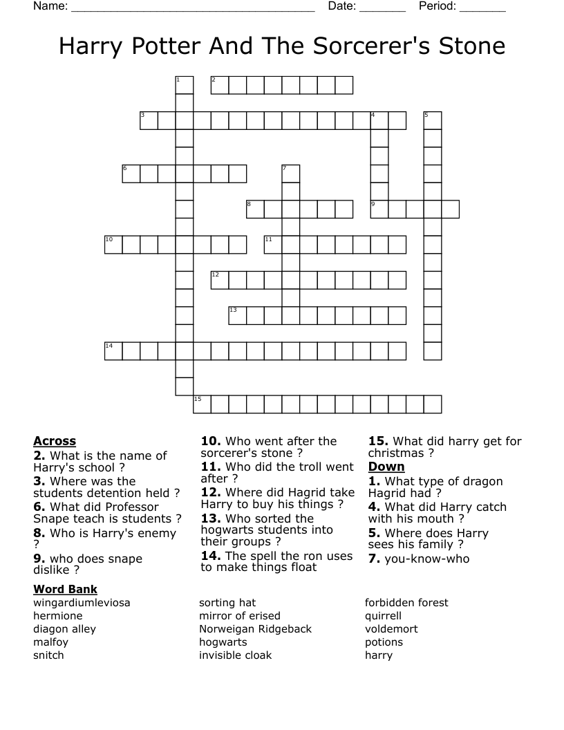 Harry Potter And The Sorcerer's Stone Crossword