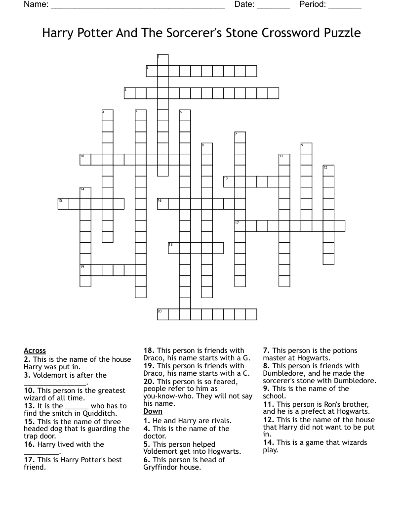 Harry Potter And The Sorcerer's Stone Crossword Puzzle