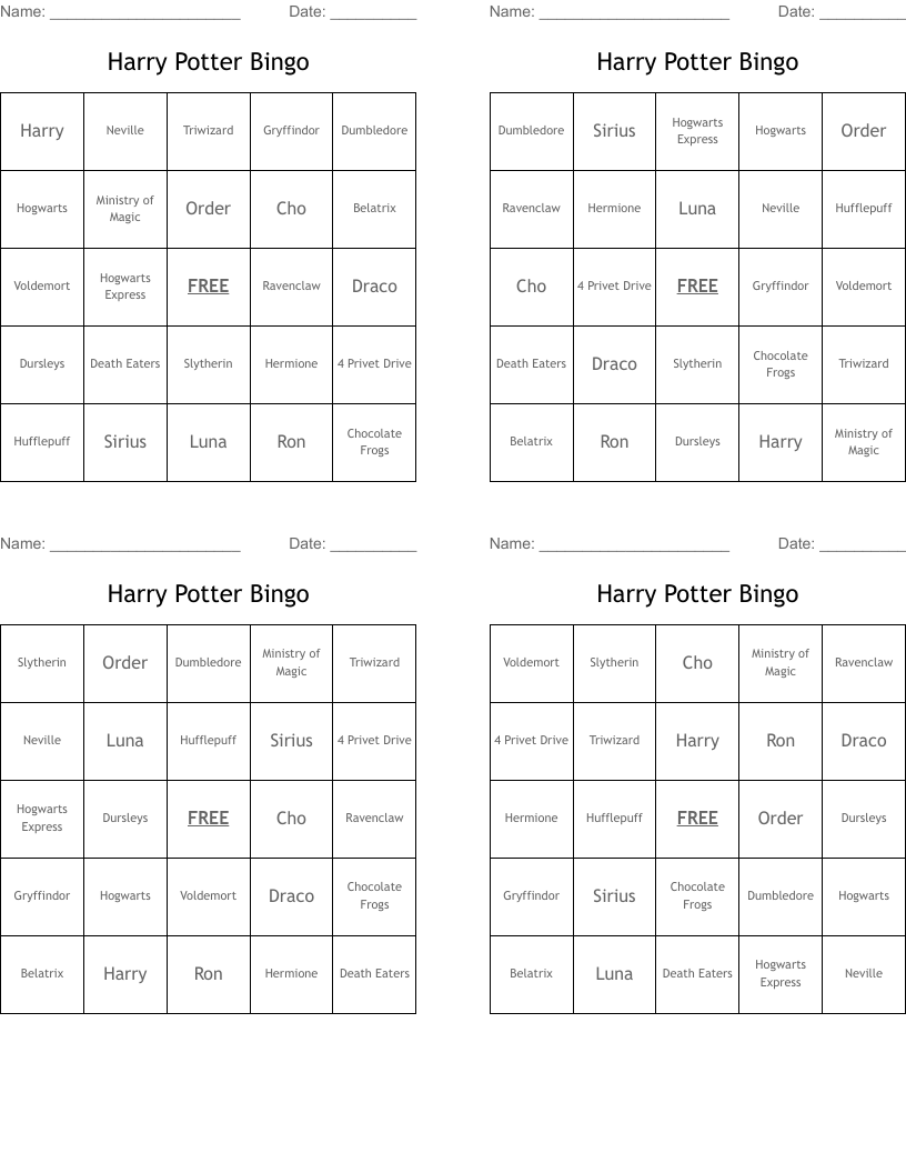 Harry Potter Bingo